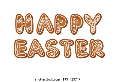 Happy Easter. Realistic gingerbread cookies with white icing. Isolated vector objects on a white background.