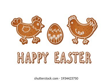 Feliz Pascua. Galletas de jengibre realistas con glaseado blanco en forma de pollo, gallo y huevo.  Objetos vectoriales aislados sobre un fondo blanco.