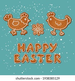 Happy Easter. Realistic gingerbread cookies with white icing in the form of a chicken and a rooster. Spring greeting card on a blue background. Vector.