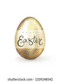 Happy easter realistic golden glitter decorated egg with inscription isolated on white background. Vector illustration for greeting card, ad, promotion, poster, flyer, web-banner, article
