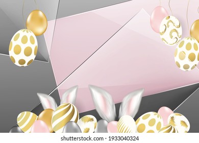 Happy easter. Realistic golden easter illustration. Easter greeting card with realistic golden decorated eggs, ribbons and text