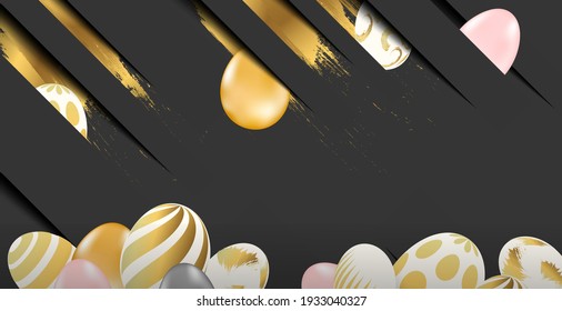 Happy easter. Realistic golden easter illustration. Easter greeting card with realistic golden decorated eggs, ribbons and text