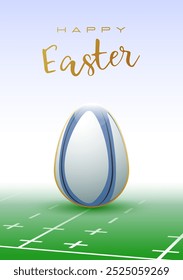 Feliz Pascua. Pelota de rugby realista en forma de huevo de Pascua. Ilustración vectorial.