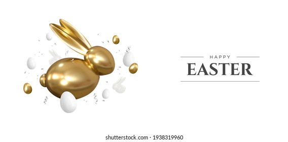 Happy Easter. Realistic vector 3d golden bunny and eggs. Easter decorative objects.