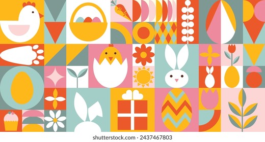 Fondo rectangular de Pascua feliz. Formas geométricas abstractas de conejito, huevos, regalo, anidamiento, flores. Diseño festivo de moda para banner, papel pintado, cubierta. Estilo Bauhaus.