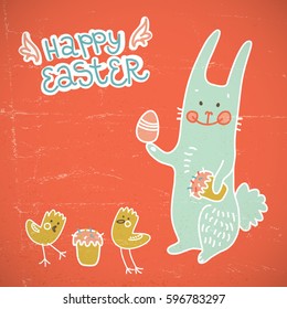 Happy easter red card with cartoon chickens and cute doodle bunny holding easter egg flat vector illustration