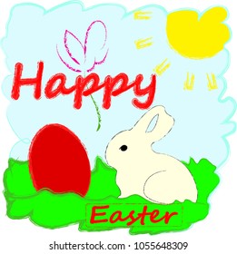 Happy Easter. Red egg with bunny, grass, flower and sunny day. Blue sky.