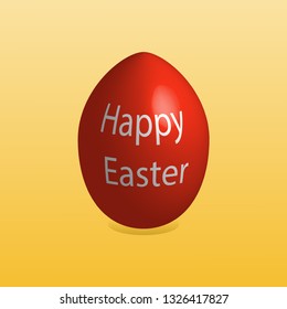 Happy Easter red egg with text. Yellow gradient background. 
