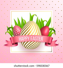 Happy easter red gold eggs with spring green grass and pink ribbon on pink background. Luxury design for easter egg hunt, card, flyer,  poster, banner, voucher, web element.