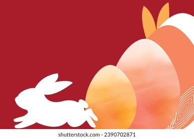 happy Easter red greeting banner card, Easter eggs, rabbit and space for text