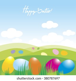 Happy Easter. Religious celebration. Spring landscape. Green Hills. Colorful eggs. Vector illustration. 