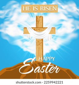 Happy Easter. Religious design with a wooden cross on Calvary in rays of divine light and blue sky. He is Risen. Happy Easter. Vector illustration.