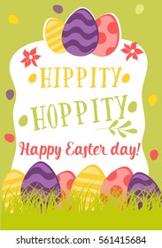 Happy Easter retro Card with Eggs, Grass, Flowers. Cute Vector illustration with phrase Hippity, Hoppity
