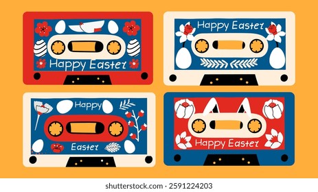 Happy Easter retro design audio cassettes.  Set of 90s nostalgic elements