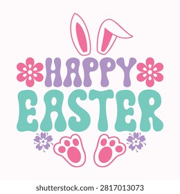 Happy easter retro groovy wavy text design with bunny ears and paws typography celebration lettering seasonal greeting decorative easterbunny happyeaster holidaycard springtime cheerful
