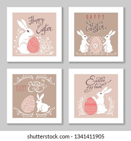 Happy easter retro posters. Frohe ostern greeting card with vintage bunny basket and text ribbon vector hand drawn vector illustration set