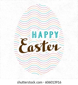 Happy Easter Retro Style Calligraphy Logo Lettering with Egg Shaped Repeating Wavy Lines - Colored Elements on White Rough Paper Background - Vintage Illusion Hand Drawn Design