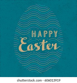 Happy Easter Retro Style Calligraphy Logo Lettering with Egg Shaped Repeating Wavy Lines - Colored Elements on Turquoise Rough Paper Background - Vintage Illusion Hand Drawn Design