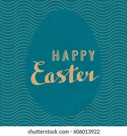 Happy Easter Retro Style Calligraphy Logo Lettering with Egg Shaped Blank Space in Front of Repeating Wavy Lines - Beige Elements on Turquoise Paper Background - Vintage Illusion Hand Drawn Design