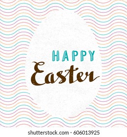 Happy Easter Retro Style Calligraphy Logo Lettering with Egg Shaped Blank Space in Front of Repeating Wavy Lines - Colored Elements on White Rough Paper Background - Vintage Illusion Hand Drawn Design