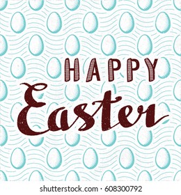 Happy Easter Retro Style Calligraphy Logo Lettering in Front of Repeating Engraved Egg and Wavy Lines - Brown and Turquoise Elements on White Paper Background - Vintage Illusion Hand Drawn Design