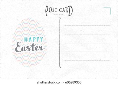 Happy Easter Retro Style Logo Lettering on Vintage Postcard Inner Side Blank Template - Pale Black and Colored Elements on White Old Rough Paper Effect Background - Vector Hand Drawn Graphic Design