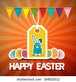 Happy Easter Retro Vector Card with Bunny - Flags and Eggs