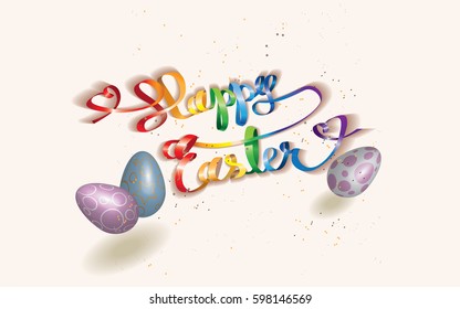 Happy Easter ribbon in rainbow colors with Easter eggs and confetti isolated on a light background.Vector illustration.