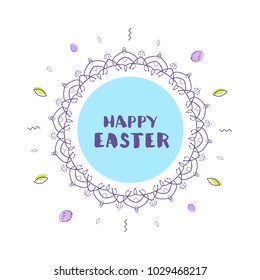 Happy Easter round banner with frame, colorful holiday eggs. Templates for graphic design - poster, flyer, brochure, card. Vector illustration.