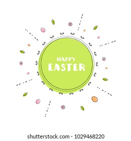 Happy Easter round banner. Handwritten lettering  with circle decorative frame and geometric shapes. Element for graphic design - poster, flyer, card, tag, badge. Vector illustration.
