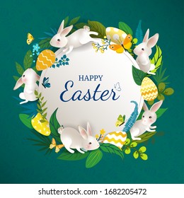 Happy Easter round banner with rabbits, eggs, leaves, flowers, butterflies. Cute easter card with white hares on bright blue background. For festive invitation, design elements. Vector illustration.