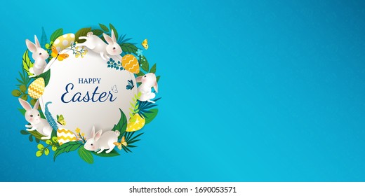 Happy Easter round banner with rabbits, eggs, leaves, flowers, butterflies. Cute easter card with white hares on bright blue background. For festive invitation, design elements. Vector illustration.