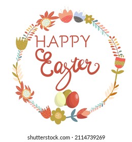 Happy Easter round design with text Happy Easter, with a wreath of flowers, twigs, hand drawn, eggs suitable for invitations, cards, print on clothes.