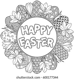 Happy Easter. Round frame of Black and White Doodle Easter Eggs and crocuses Coloring book for adults for relax and meditation. Vector isolated elements