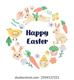 Happy Easter Round Frame With Bunnies, chickens and eggs. Happy Easter hand drawn card. Flat illustration with partial outline. Isolated vector illustration.