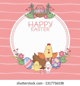 Happy easter round frame with cartoons