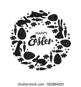 Happy Easter. Round frame with cute Easter bunnies, daffodils and willow twigs. Greeting card or invitation. One color print. Stamp