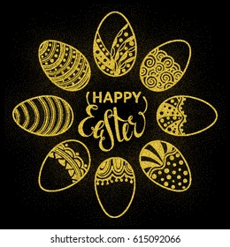 Happy Easter round frame of gold confetti handdrawn zentangle eggs on black background. Doodle holiday design element for greeting cards, banners, posters, invitations, postcards. Vector illustration.