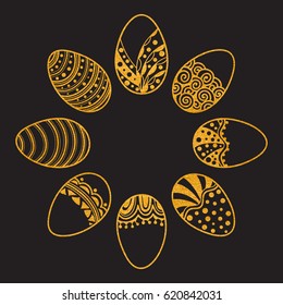Happy Easter round frame of gold textured handdrawn zentangle eggs on black background. Doodle holiday design element for greeting cards, banners, posters, invitations, postcards. Vector illustration.