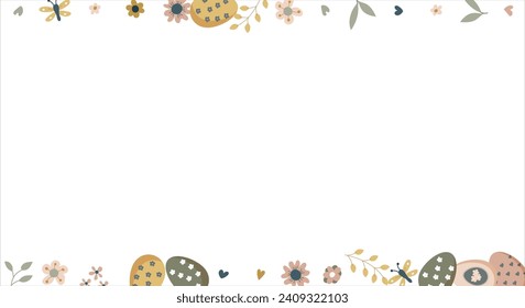 Happy Easter round frame. Pattern of eggs, flowers and twigs. For card, banner, poster, flyer, and web. Spring Festival. Vector illustration