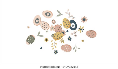 Happy Easter round frame. Pattern of eggs, flowers and twigs. For card, banner, poster, flyer, and web. Spring Festival. Vector illustration