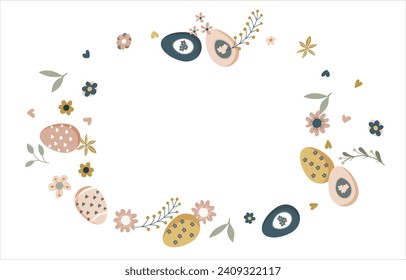Happy Easter round frame. Pattern of eggs, flowers and twigs. For card, banner, poster, flyer, and web. Spring Festival. Vector illustration