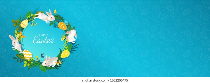 Happy Easter round frame with rabbits, eggs, leaves, flowers, butterflies. Cute banner with white hares on bright blue background. For cover social network, greeting card, banner. Vector illustration.