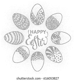 Happy Easter round frame of silver confetti handdrawn zentangle eggs on white background. Doodle holiday design element for greeting card, banner, poster, invitation, postcard. Vector illustration.