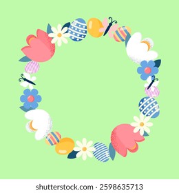  Happy Easter round Frame, wreath with spring flowers and colorful eggs. Vector illustration in flat style in pastel colors. Perfect for greeting cards, invitations