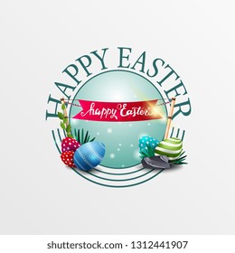 Happy Easter round greeting blue banner with Easter eggs and flag
