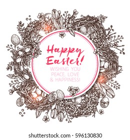Happy Easter Round Label With Greeting In Sketch Style. Hand Drawn Easter Background With Flowers, Wreaths, Eggs And Nests
