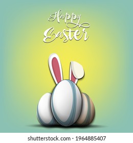 Feliz Pascua. Balón de rugby con orejas de conejo. Huevos de Pascua decorados en forma de bola de rugby en un fondo aislado. Patrón para tarjeta de saludo, pancarta, afiche, invitación. Ilustración del vector