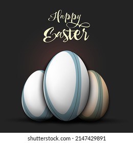 Feliz Pascua. Balón de rugby y huevos de pascua decorados en forma de bolas de rugby. Patrón para tarjeta de saludo, pancarta, afiche. Ilustración del vector en el fondo aislado