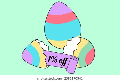 Happy Easter sale 1% off poster and template with Easter Eggs. One percent off. Promotion template for Easter Day.Vector illustration.